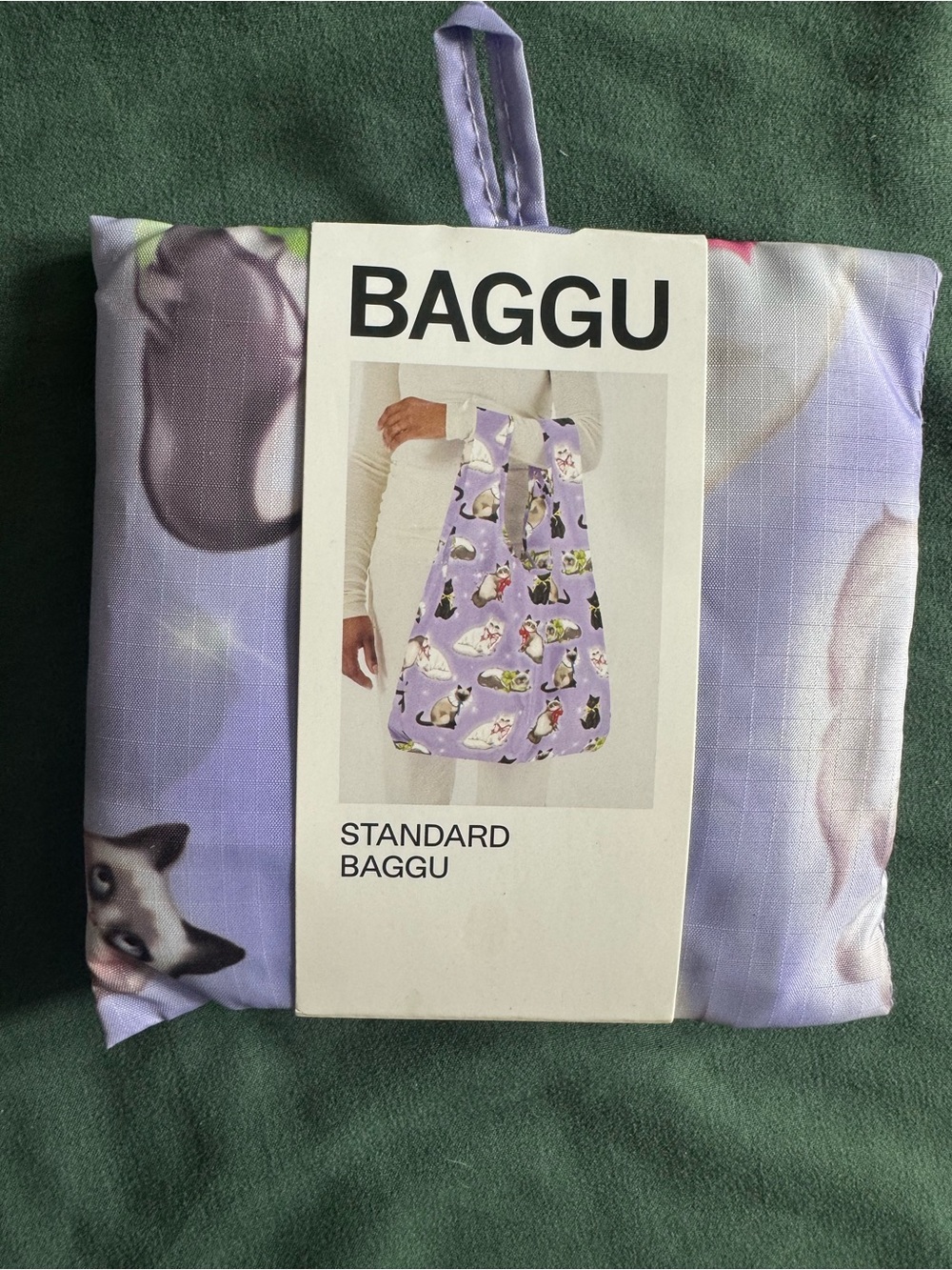 BAGGU Reusable Tote - Lavender with Pink & White Floral Cat Motif